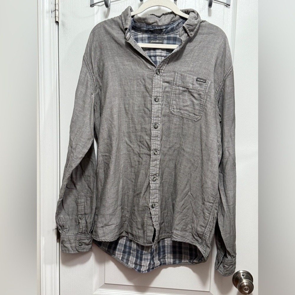 Eddie Bauer Mens XLT Gray Plaid Lined Chambray Shirt Jacket Shacket‎ Tall